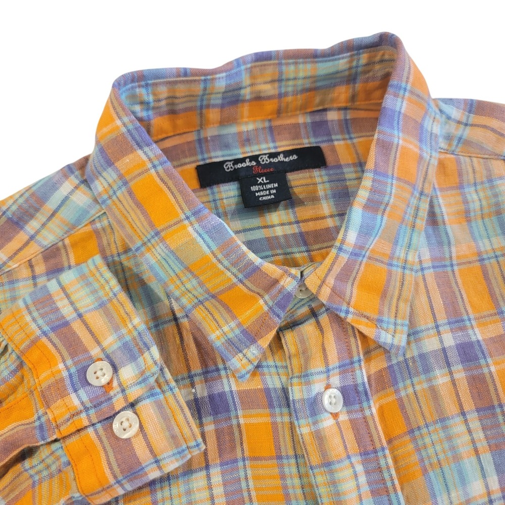 Brooks Brothers Linen Button-Down Mens XL Fleece Orange Purple Plaid EUC